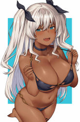 Rule 34 | 1girl, bikini, black bikini, black ribbon, blue eyes, blush, breasts, choker, cleavage, collarbone, commentary request, curvy, dark-skinned female, dark skin, eyebrows, fang, hai ookami, hair ribbon, large breasts, long hair, navel, o-ring, o-ring top, open mouth, original, ribbon, solo, swimsuit, tan, thick thighs, thigh strap, thighs, twintails, very long hair, white hair