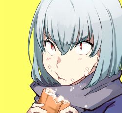 Rule 34 | 10s, 1boy, anti (ssss.gridman), bob cut, bread, crumbs, eating, food, food on face, gridman universe, jacket, male focus, portrait, purple jacket, red eyes, scarf, sebychu, short hair, silver hair, simple background, solo, ssss.gridman, v-shaped eyebrows, wavy mouth, yellow background