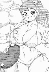 Rule 34 | 1boy, 1girl, absurdres, bikini, bow, grabbing another&#039;s breast, breasts, bulge, erection, erection under clothes, grabbing, hair bow, hand on another&#039;s shoulder, happy, highres, hokuto (tokuho), huge breasts, kodama fumika, looking at viewer, monochrome, muscular, muscular female, muscular male, aged up, out of frame, ponytail, swimsuit, v, youkai watch