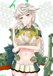 Rule 34 | 1girl, arm under breasts, asymmetrical hair, bare shoulders, blush, braid, braided ponytail, breasts, brown eyes, cleavage, cleavage cutout, clothing cutout, cloud print, collarbone, commentary request, cowboy shot, crop top, cypress, hair ornament, head tilt, highres, jitome, kantai collection, large breasts, long hair, looking at viewer, midriff, miniskirt, navel, onmyouji, rigging, shikigami, short sleeves, sidelocks, silver hair, simple background, single braid, skirt, smile, solo, standing, thighhighs, twitter username, unryuu (kancolle), very long hair, wavy hair, white background, yellow eyes, zettai ryouiki
