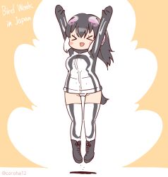 Rule 34 | 1girl, african penguin (kemono friends), animal hood, arms up, black hair, boots, coroha, full body, gloves, headphones, hood, jumping, kemono friends, leotard, long hair, looking at viewer, orange background, penguin girl, penguin hood, penguin tail, pink hair, simple background, solo, tail, thighhighs, white hair