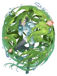 Rule 34 | 1boy, absurdly long hair, androgynous, crossdressing, food fantasy, green eyes, green hair, highres, imonovel, long hair, looking at viewer, male focus, official art, one eye covered, pale skin, seashell, seaweed salad (food fantasy), second-party source, shell, solo, transparent background, trap, very long hair
