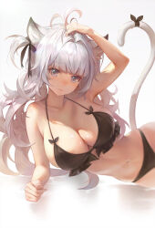 Rule 34 | 1girl, animal ear fluff, animal ears, antenna hair, arm up, bikini, black bikini, black bow, bow, breasts, cat ears, cat girl, cat tail, closed mouth, commentary, elbow rest, english commentary, frilled bikini, frills, grey eyes, grey hair, hair bow, halterneck, highres, large breasts, light blush, long hair, looking at viewer, lying, navel, on side, original, sidelighting, simple background, smile, solo, stomach, swimsuit, tail, tail bow, tail ornament, tail raised, two side up, very long hair, white background, yuho kim