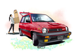 1girl box box_stack car highres holding holding_box honda honda_city motor_vehicle nimbus_goldbrum original red_car simple_background solo vehicle_focus