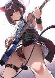 Rule 34 | 1girl, animal ears, bass guitar, belt, black hair, black panties, blue archive, cat ears, closed mouth, clothes around waist, colored inner hair, earclip, earrings, from below, halo, highres, instrument, jacket, jacket around waist, jewelry, kazusa (band) (blue archive), kazusa (blue archive), looking down, mask, mask around neck, multicolored hair, multiple rings, music, official alternate costume, panties, pink hair, pink halo, playing instrument, pleated skirt, red eyes, ring, shirt, short hair, short sleeves, skirt, solo, standing, stud earrings, sweat, thigh belt, thigh strap, thighs, underwear, wei yu, white shirt, white skirt, wrist cuffs