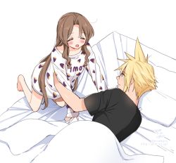 Rule 34 | 1boy, 1girl, aerith gainsborough, artist name, barefoot, bed sheet, black shirt, blonde hair, blush, breasts, brown hair, closed eyes, cloud strife, dated, final fantasy, final fantasy vii, final fantasy vii remake, full body, hair down, hand on another&#039;s arm, kneeling, krudears, leaning forward, long hair, long sleeves, looking at another, lying, medium breasts, no pants, on bed, on side, open mouth, parted bangs, pillow, print shirt, shirt, short hair, short sleeves, sidelocks, smile, spiked hair, t-shirt, twitter username, under covers, upper body, watermark, wavy hair, web address, white background, white shirt