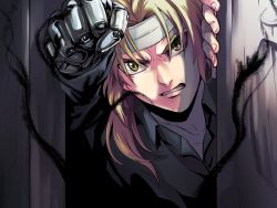Rule 34 | 1boy, angry, bandaged head, bandages, blonde hair, clenched teeth, edward elric, fullmetal alchemist, howoona, long hair, looking at viewer, male focus, mechanical arms, single mechanical arm, solo, teeth, yellow eyes