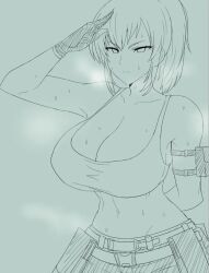 1girl breasts curvy female_focus gloves huge_breasts leona_heidern long_hair military okyou ponytail salute steam tank_top the_king_of_fighters wet wide_hips