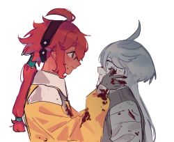 Rule 34 | 2girls, ahoge, black hairband, blood, blood on clothes, blood on face, blood on hands, formal, from side, gundam, gundam suisei no majo, hair tubes, hairband, hand on another&#039;s cheek, hand on another&#039;s face, highres, jess (p2eocene), long hair, low ponytail, miorine rembran, multiple girls, profile, red hair, smile, spoilers, staring, suit, suletta mercury, surprised, thick eyebrows, upper body, white background, white hair
