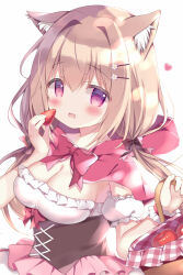 Rule 34 | 1girl, apple, azumi kazuki, basket, bow, breasts, brown hair, capelet, cleavage, detached sleeves, flower, food, fruit, hair between eyes, hair flower, hair intakes, hair ornament, hairclip, hands up, heart, holding, holding basket, holding food, hood, hood down, hooded capelet, looking at viewer, medium breasts, original, puffy short sleeves, puffy sleeves, purple eyes, red apple, red bow, red capelet, short sleeves, simple background, single wrist cuff, solo, strawberry, white background, white flower, white sleeves, wrist cuffs