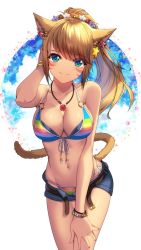 Rule 34 | 1girl, animal ears, arm up, warrior of light (ff14), bare shoulders, belt, bikini, blonde hair, blue shorts, bracelet, breasts, cat ears, cat girl, cat tail, cleavage, collarbone, commentary request, cosplay, cowboy shot, denim, denim shorts, earrings, facial mark, final fantasy, final fantasy xiv, front-tie bikini top, front-tie top, fujiya takao, green eyes, hair ornament, halterneck, hand on own thigh, highres, idolmaster, idolmaster cinderella girls, jewelry, large breasts, long hair, looking at viewer, miqo&#039;te, mole, mole under eye, navel, necklace, ohtsuki yui, ootsuki yui (cosplay), open belt, open fly, ponytail, rainbow bikini, short shorts, shorts, side-tie bikini bottom, smile, solo, standing, stomach, swept bangs, swimsuit, tail, thighs, unbuckled, unbuttoned, unzipped