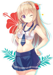 Rule 34 | 1girl, ;), bare arms, bare shoulders, bikini, blonde hair, blue necktie, blue sailor collar, blue skirt, breasts, collarbone, cowboy shot, crop top, flower, hair flower, hair ornament, hairband, hand on own hip, hand on own chest, hibiscus, hyuuga azuri, long hair, looking at viewer, navel, necktie, one eye closed, original, purple eyes, sailor bikini, sailor collar, shiny skin, skirt, small breasts, smile, solo, star (symbol), stomach, swimsuit