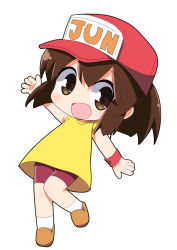 Rule 34 | 1girl, :d, bakusou kyoudai let&#039;s &amp; go!!, bare arms, bare shoulders, baseball cap, bike shorts, blush, brown eyes, brown footwear, brown hair, chibi, commentary request, dress, full body, hair between eyes, hat, leaning to the side, long hair, looking at viewer, open mouth, osaragi mitama, purple shorts, red hat, sagami jun, shoes, short shorts, shorts, simple background, sleeveless, sleeveless dress, smile, socks, solo, standing, standing on one leg, white background, white socks, yellow dress