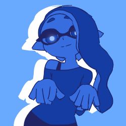Rule 34 | 1girl, animated, animated gif, asymmetrical clothes, asymmetrical hair, bad id, bad tumblr id, blue theme, dancing, head tilt, inkling, inkling girl, inkling player character, looking at viewer, lowres, mike inel, monochrome, nintendo, pointy ears, smile, solo, splatoon (series), tentacle hair, undershirt, upper body