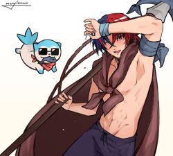 Rule 34 | 2boys, abs, alear (fire emblem), alear (male) (fire emblem), bandana, blue eyes, blue fur, blue hair, cape, crossed bangs, fire emblem, fire emblem engage, fish, highres, male focus, merylemons, multicolored hair, multiple boys, nintendo, official alternate costume, official alternate hairstyle, red bandana, red hair, short hair, smile, sommie (fire emblem), sunglasses, two-tone fur, two-tone hair, white fur