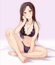 Rule 34 | 1girl, bare shoulders, barefoot, black bra, black hair, black panties, blush, bra, breasts, cleavage, closed mouth, collarbone, feet, gradient background, green eyes, highres, idolmaster, idolmaster cinderella girls, jewelry, lace, lace-trimmed bra, lace-trimmed panties, lace trim, large breasts, legs, long hair, looking at viewer, mukai takumi, navel, necklace, panties, parted bangs, pussy, see-through, shangzi, sitting, solo, thighs, underwear