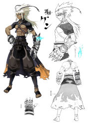Rule 34 | 1boy, abs, absurdres, ashiyafuku, bandages, bandaged arm, bandages, bare pectorals, blonde hair, blue eyes, blue fire, character sheet, clawed gauntlets, closed mouth, dark skin, dark-skinned male, earrings, fire, gauntlets, glowing, glowing eyes, highres, hoop earrings, jewelry, male focus, multiple views, muscular, original, pectorals, pointy ears, scratches, simple background, smile, standing, toenails, torn clothes, white background