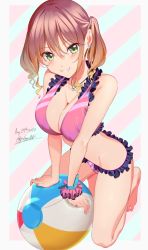 Rule 34 | ball, bare shoulders, beachball, bikini, blush, breasts, breasts squeezed together, brown hair, cleavage, earrings, eyes visible through hair, frilled bikini, frills, from above, green eyes, grin, gyaru, highres, jewelry, kneeling, kogal, large breasts, looking at viewer, lowleg, lowleg bikini, multicolored nails, nail polish, necklace, original, pink bikini, poligon (046), simple background, smile, solo, striped background, striped bikini, striped clothes, swimsuit, tsurime, wristband