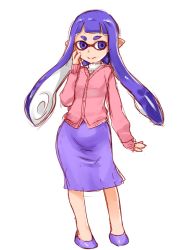 Rule 34 | 1girl, blunt bangs, cardigan, cosplay, hand on own cheek, hand on own face, highres, inkling, inkling girl, inkling player character, kanon, long hair, long sleeves, minase akiko, minase akiko (cosplay), mitarashi kousei, nintendo, pointy ears, purple eyes, purple footwear, purple hair, purple skirt, shoes, simple background, sketch, skirt, smile, solo, splatoon (series), splatoon 1, tentacle hair, white background