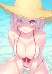 Rule 34 | 1girl, between legs, bikini, blush, breasts, cleavage, eyes visible through hair, fate/grand order, fate (series), frown, hand between legs, hat, highres, jonsun, large breasts, mash kyrielight, mash kyrielight (swimsuit of perpetual summer), official alternate costume, purple eyes, purple hair, solo, straw hat, swimsuit, water