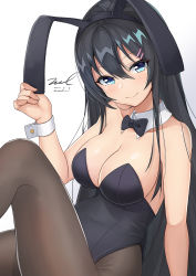 Rule 34 | 1girl, animal ears, bare arms, bare shoulders, black bow, black hair, black leotard, blue eyes, bow, bowtie, breasts, brown pantyhose, cleavage, closed mouth, collarbone, covered navel, dated, detached collar, fake animal ears, gradient background, hair between eyes, hair ornament, hairband, hairclip, hand up, head tilt, knee up, large breasts, leotard, long hair, looking at viewer, pantyhose, playboy bunny, rabbit ears, sakurajima mai, seishun buta yarou, signature, sitting, smile, solo, twitter username, unel, wrist cuffs
