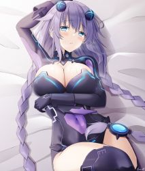 Rule 34 | 1girl, arm up, blue eyes, blush, braid, breasts, choujigen game neptune, covered navel, exausted, highres, keenh, large breasts, leotard, long hair, looking at viewer, lying, neptune (neptunia), neptune (series), on back, parted lips, purple hair, purple heart (neptunia), purple leotard, solo, stretching, thighs, twin braids