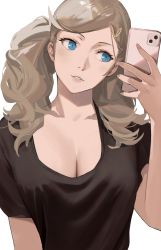Rule 34 | 1girl, absurdres, black shirt, blonde hair, blue eyes, breasts, cleavage, female focus, hair ornament, highres, j@ck, large breasts, lips, persona, persona 5, selfie, shirt, simple background, smile, solo, takamaki anne, twintails, upper body, white background