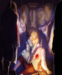 Rule 34 | 1boy, absurdres, ahoge, alternate costume, artoria pendragon (all), artoria pendragon (fate), bad id, bad pixiv id, barefoot, beads, blonde hair, blood, blood from mouth, blood on clothes, bloody weapon, blue ribbon, braid, buttons, candle, capri pants, closed eyes, collared shirt, corpse, crying, dagger, door, dress, earrings, eyes visible through hair, fate/zero, fate (series), floral print, gilgamesh (fate), hair bun, hair over face, hair ribbon, hand in own hair, hand on another&#039;s head, hanged, highres, holding, holding weapon, hug, injury, jewelry, jisue10, knife, lace-trimmed sleeves, lace trim, long hair, long sleeves, multiple girls, murder, necklace, noose, pants, pointing, print dress, ribbon, saber (fate), shade, shirt, single hair bun, sitting, tears, teeth, unconscious, vest, weapon, white legwear, white shirt, wooden floor