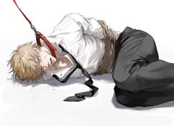 Rule 34 | 1boy, black necktie, black pants, blonde hair, blood, blood on clothes, blood on face, bound, brown eyes, chainsaw man, collar, collared shirt, denji (chainsaw man), highres, leash, lying, male focus, muksal, necktie, nosebleed, on side, pants, red collar, rope, sharp teeth, shirt, short hair, solo, teeth, tied up (nonsexual), white background, white shirt