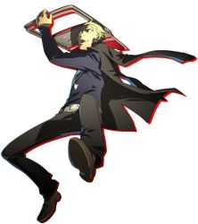 Rule 34 | 1boy, angry, belt, black eyes, blonde hair, chair, dark persona, delinquent, ear piercing, fangs, fighting stance, folding chair, full body, jacket, jacket on shoulders, jolly roger, jumping, long sleeves, looking at viewer, male focus, megami tensei, official art, open mouth, pants, persona, persona 4, persona 4: the ultimate in mayonaka arena, piercing, scar, shadow (persona), shadow kanji, shin megami tensei, shoes, short hair, soejima shigenori, solo, tatsumi kanji, transparent background, widow&#039;s peak