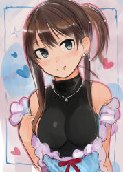 Rule 34 | 10s, 1girl, :q, alternate hairstyle, apron, breasts, brown hair, earrings, green eyes, idolmaster, idolmaster cinderella girls, jewelry, long hair, medium breasts, necklace, nerotarou, ponytail, shibuya rin, smile, solo, tongue, tongue out, turtleneck