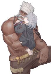 Rule 34 | 1boy, 1girl, absurdres, affectionate, age difference, arm hair, bara, beard, cheek-to-cheek, child, dark-skinned male, dark skin, facial hair, feet out of frame, final fantasy, final fantasy xiv, glaring, headband, heads together, highres, hyur, long hair, lyon rem helsos, mature male, muscular, muscular male, mustache, notesonlyonpii, old, old man, pants, short hair, shoulder tattoo, tattoo, topless male, warrior of light (ff14), white hair