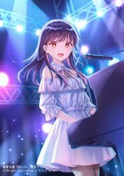 Rule 34 | 1girl, ashita hadashi de koi, black hair, brown eyes, concert, cover, cover page, detached collar, dress, hiten (hitenkei), instrument, long hair, looking at viewer, microphone, multicolored hair, music, nito chika, novel cover, novel illustration, official art, pink hair, playing instrument, playing piano, streaked hair, white dress
