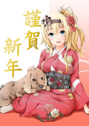 Rule 34 | 1girl, alternate costume, alternate hairstyle, blonde hair, blue eyes, breasts, chinese zodiac, crown, english cocker spaniel, floral print, hair ornament, highres, japanese clothes, kantai collection, kimono, long hair, long sleeves, mini crown, new year, obi, ponytail, sash, sezok, sitting, socks, tabi, text focus, translated, warspite (kancolle), wide sleeves, year of the dog