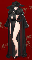 Rule 34 | 1girl, bare shoulders, black coat, black dress, black footwear, black gloves, black hair, black hat, blush, breasts, clothing cutout, coat, coat on shoulders, covered navel, dress, elbow gloves, full body, fur collar, gloves, hat, hayabusa, high heels, highres, large breasts, long hair, looking at viewer, mole, mole on breast, mole under eye, original, pelvic curtain, purple eyes, red background, sideboob, smile, solo, sun hat, underboob, underboob cutout