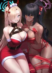 Rule 34 | 2girls, absurdres, antlers, arm tattoo, arm under breasts, asuna (blue archive), asymmetrical docking, bell, belt, bikini, black hair, blonde hair, blue archive, blue eyes, blush, bound, breast press, breasts, bursting breasts, christmas, cleavage, dark-skinned female, dark skin, dress, fishnet pantyhose, fishnets, hair over one eye, hair ribbon, halo, highres, horns, jingle bell, karin (blue archive), kneeling, large breasts, mole, mole on breast, multiple girls, navel, neck bell, official alternate costume, one eye covered, pantyhose, ponytail, red bikini, reindeer antlers, ribbon, ribbon bondage, santa bikini, santa costume, santa dress, sbgu, smile, stomach, swimsuit, tattoo, thighs, yellow eyes