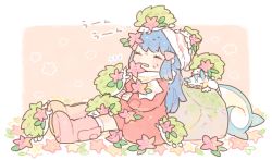 Rule 34 | 1girl, beanie, blue hair, boots, closed eyes, coat, creatures (company), dawn (pokemon), flower, game freak, gen 4 pokemon, gracidea, hair ornament, hat, katiko, knee boots, kneehighs, leaf, legendary pokemon, long hair, long sleeves, mythical pokemon, nintendo, no nose, on head, on lap, open mouth, pachirisu, pink flower, pink footwear, pokemon, pokemon (creature), pokemon dppt, pokemon on head, pokemon on lap, pokemon platinum, red coat, rock, scarf, shaymin, shaymin (land), sitting, sleeping, socks, white headwear, white scarf, white socks