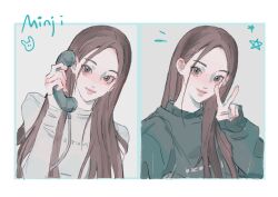 Rule 34 | 1girl, black eyes, black sweater, blue nails, border, brown hair, cable, character name, forehead, grey background, hair behind ear, highres, holding, holding phone, k-pop, long bangs, minji (newjeans), multiple views, newjeans, parted bangs, phone, qiao nan 1028 hao, real life, shirt, smile, star (symbol), sweater, v, white border, white nails, white shirt