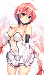 Rule 34 | 1girl, android, angel, angel wings, arm behind back, bare shoulders, blush, breasts, breasts apart, chain, cleavage, clothing cutout, collar, collarbone, commentary request, contrapposto, cowboy shot, detached sleeves, dosu (doseven), feathered wings, feathers, green eyes, hair between eyes, hand on own chest, highres, ikaros, large breasts, long hair, long sleeves, looking at viewer, midriff, navel, navel cutout, open mouth, parted lips, pink hair, pink wings, ribbon, robot ears, shiny skin, sidelocks, simple background, solo, sora no otoshimono, standing, twintails, very long hair, white background, wings