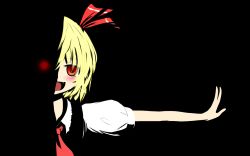 Rule 34 | 1girl, :d, bad id, bad pixiv id, black background, blonde hair, dark, fang, glowing, glowing eye, hair ribbon, hana (0458251551), open mouth, outstretched arm, puffy short sleeves, puffy sleeves, red eyes, ribbon, rumia, short hair, short sleeves, smile, touhou