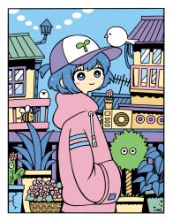 Rule 34 | 1girl, baseball cap, bee, bird, blue eyes, blue hair, blue sky, border, bright pupils, bug, building, cactus, crack, day, drawstring, flat color, flower, garouma, hands in pockets, hat, highres, hood, hood down, hoodie, insect, leaf, original, outdoors, pink flower, pink hoodie, plant, potted plant, print headwear, short hair, sky, solo, white border, white pupils