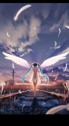 Rule 34 | 1girl, alphonse (white datura), angel, aqua hair, arms behind back, bad id, bad pixiv id, barefoot, day, dress, feathers, feet, from behind, hair ribbon, hatsune miku, letterboxed, long hair, long legs, outdoors, own hands clasped, own hands together, power lines, railroad tracks, ribbon, sky, soles, solo, sunrise, train track, twintails, vocaloid, wings