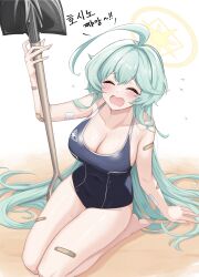 Rule 34 | 1girl, absurdres, abydos high school swimsuit, ahoge, bandaid, bare arms, bare legs, bare shoulders, barefoot, black one-piece swimsuit, blue archive, blush, breasts, cleavage, closed eyes, collarbone, green hair, hair between eyes, halo, hasarang, highres, holding, holding shovel, huge ahoge, large breasts, long hair, one-piece swimsuit, open mouth, school swimsuit, shovel, solo, swimsuit, yellow halo, yume (blue archive)