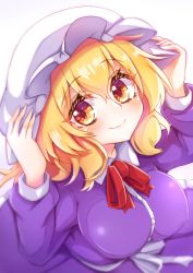 Rule 34 | 1girl, blonde hair, breasts, dress, hat, highres, holding, holding clothes, holding hat, keyaki chimaki, large breasts, maribel hearn, mob cap, necktie, purple dress, red ribbon, ribbon, smile, solo, touhou, yellow eyes