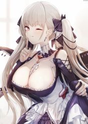 Rule 34 | 1girl, azur lane, between breasts, black dress, breasts, brown eyes, cleavage, closed mouth, clothes lift, commentary request, detached collar, dress, earrings, flight deck, formidable (azur lane), frilled dress, frills, grey hair, grey nails, hair ribbon, highres, index finger raised, jewelry, large breasts, long hair, nail polish, neckwear between breasts, nekoya (liu), one eye closed, pale skin, platinum blonde hair, ribbon, skirt, skirt lift, twintails, two-tone dress, two-tone ribbon, very long hair, white background