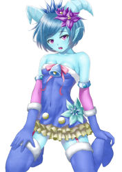 Rule 34 | 10s, 1girl, :o, bare shoulders, bell, blue gloves, blue hair, blue skin, blue thighhighs, boots, breasts, cleavage, colored skin, covered navel, detached sleeves, dress, flower, frilled dress, frills, fur trim, garter straps, gloves, hair flower, hair ornament, hand on own thigh, high heel boots, high heels, horns, looking at viewer, monster strike, muffin (sirumeria), open mouth, pointy ears, purple eyes, ribbon, short dress, short hair, simple background, small breasts, solo, spread legs, strapless, strapless dress, swept bangs, thigh boots, thighhighs, white background, zettai ryouiki