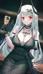 Rule 34 | 1girl, absurdres, arknights, black choker, black dress, black gloves, breasts, choker, cleavage, cocktail glass, cross, cross necklace, cup, demon horns, dress, drinking glass, earrings, gloves, highres, holding, holding cup, horns, jewelry, large breasts, long hair, mudrock (arknights), mudrock (obsidian) (arknights), necklace, official alternate costume, owanwan 1205, pointy ears, red eyes, single glove, smile, white hair