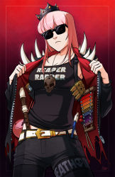 Rule 34 | 1girl, alternate costume, belt, belt buckle, buckle, clothes writing, crown, flute, highres, hololive, hololive english, instrument, jacket, kazoo, leather, leather jacket, long hair, mori calliope, mx. moz, pink hair, recorder, skull, solo, sunglasses, tilted headwear, tinted eyewear, virtual youtuber, xylophone