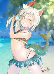 Rule 34 | 1girl, absurdres, animal ears, bare arms, bare legs, bare shoulders, beach, bikini, blue eyes, blue hair, cat ears, cowboy shot, fins, fish tail, flat chest, frilled bikini, frills, gawr gura, gluteal fold, grin, highleg, highleg panties, highres, hololive, hololive english, jjjehuty, looking at viewer, midriff, multicolored hair, navel, one eye closed, panties, shark girl, shark tail, short hair, silver hair, sleeveless, smile, solo, source request, streaked hair, swimsuit, tail, teeth, underwear, virtual youtuber, water gun