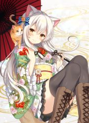 Rule 34 | 1girl, animal, animal ears, animal on shoulder, black thighhighs, blue bow, blush, boots, bow, brown eyes, brown footwear, cat, cat ears, cat on shoulder, closed mouth, commentary request, cross-laced footwear, fingernails, floral print, flower, green kimono, hair between eyes, hair bow, head tilt, holding, holding umbrella, japanese clothes, kimono, knee boots, lace-up boots, long hair, long sleeves, looking at viewer, obi, oil-paper umbrella, orange flower, orange rose, original, print kimono, red umbrella, rose, sash, shiromikan, short kimono, silver hair, sitting, smile, solo, striped, striped bow, thighhighs, thighhighs under boots, umbrella, very long hair, white flower, wide sleeves